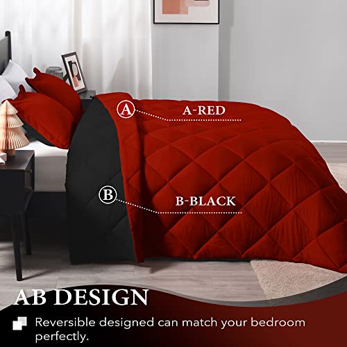 King Size Reversible Comforter Set - 3-Piece Red & Black Bedding with Shams