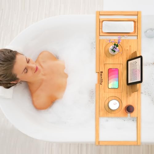 Banlilu Natural Bamboo Bathtub Caddy Tray Expandable Fits Most Tubs