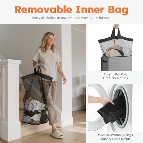 100L Collapsible Laundry Hamper with Lid and Removable Mesh Inner Bag