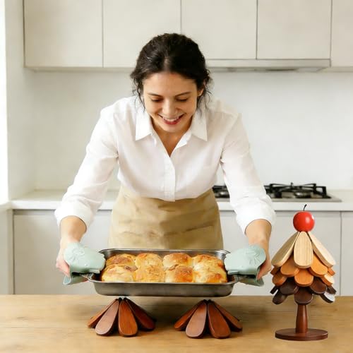 Rainbow-Colored 5Pcs Foldable Pine Wood Christmas Tree Trivet Set with Stand and Silicone Oven Mitts