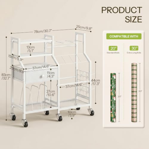 Rolling Gift Wrapping Paper Storage Cart with Drawer and Shelves