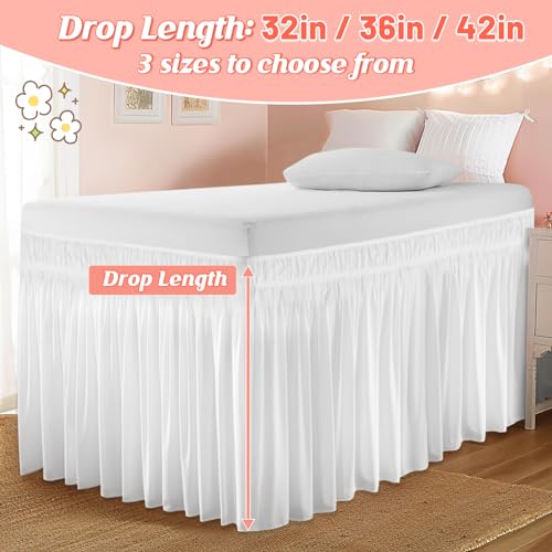 Twin XL Wrap Around Bed Skirt 32 Inch Drop - White Microfiber Dust Ruffle
