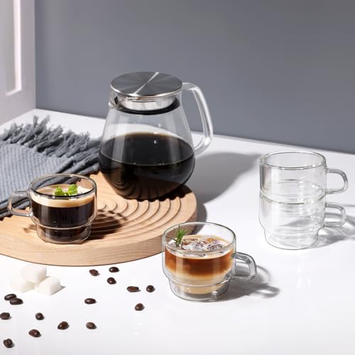 Glastal 4oz Double Wall Glass Espresso Cups Set of 4 - Stackable Borosilicate Coffee Mugs