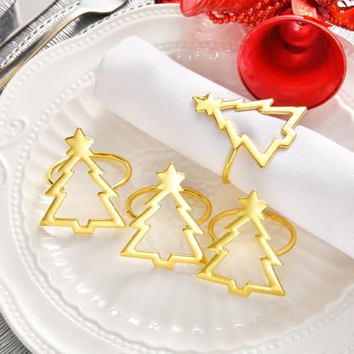 Set of 6 Gold Christmas Tree Napkin Rings for Holiday Table Decor