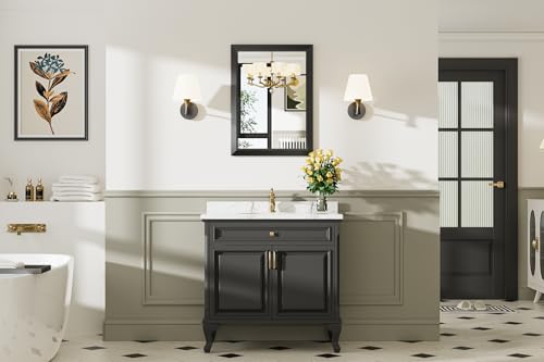 22x30 Inch Black Metal Framed Wall Mirror, Shatter-Proof Bathroom Vanity