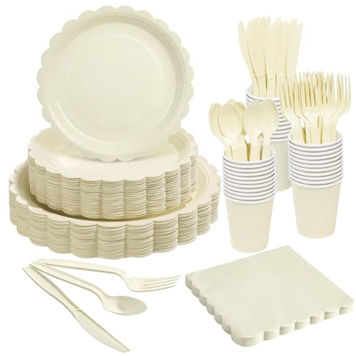 Ivory Scalloped Disposable Tableware Set (350Pcs) - 50 Guests - Goodluck