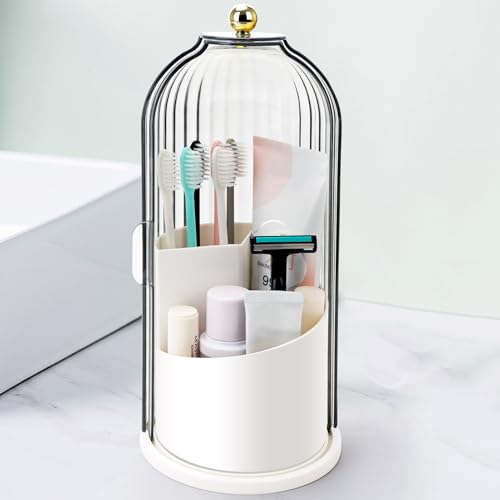 Rotating Toothbrush Holder with Sliding Lid, 3-Slot Bathroom Organizer