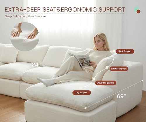 110-Inch Oversized Modular Cloud Sectional Sofa with Ottoman, Beige