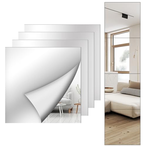 12x12 Inch Acrylic Mirror Tiles (4-Pack) - Shatterproof Self-Adhesive Wall Mirrors