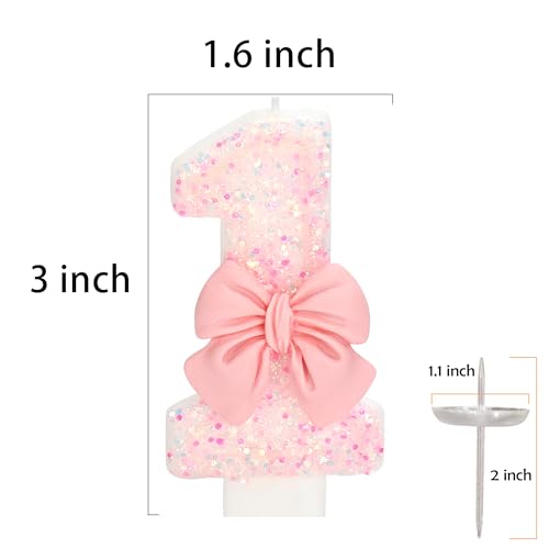 Pink Glitter Number 1 Birthday Candle with Bowknot - 3 Inch Cake Topper