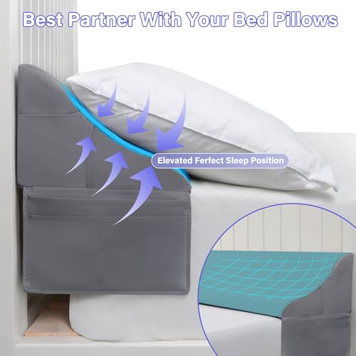 King Size Bed Wedge Pillow - Gap Filler with Phone Pockets (76"x10"x7", Grey)