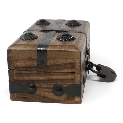 Small Wooden Treasure Chest Box with Antique Iron Lock and Skeleton Key
