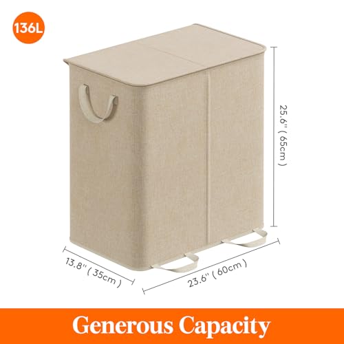 136L Double Laundry Hamper with Lid and Removable Bags - Collapsible Divider