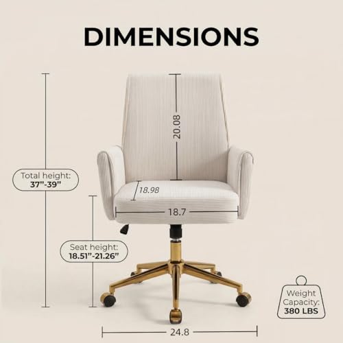 Cream Velvet Home Office Chair, Adjustable Swivel Task Chair with Armrests