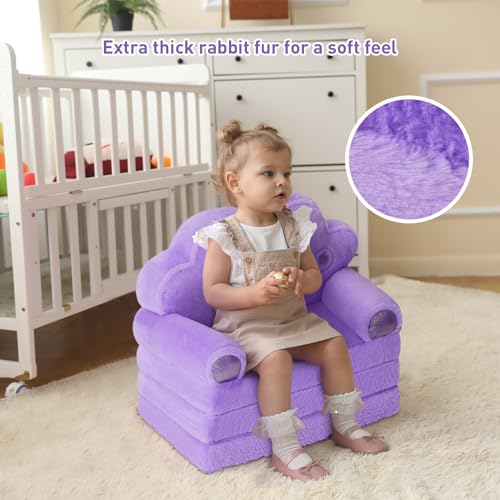 Foldable Toddler Flip Out Sofa Chair - Soft Plush Crown Kids Couch, Purple