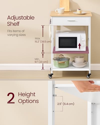 Mobile Kitchen Island Cart with Storage Drawer and Shelves, Oak and White
