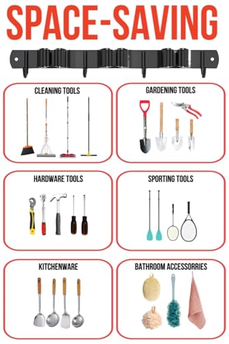 Stainless Steel Mop and Broom Holder Wall Mount with 3 Racks and 4 Hooks