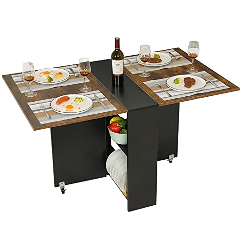 Folding Dining Table with Storage Shelves and 6 Wheels, Rustic Brown