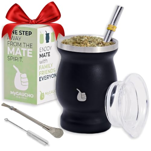 Gaucho Market Yerba Mate Cup Set with 2 Bombillas & Spill-Prevention Lid, 8oz