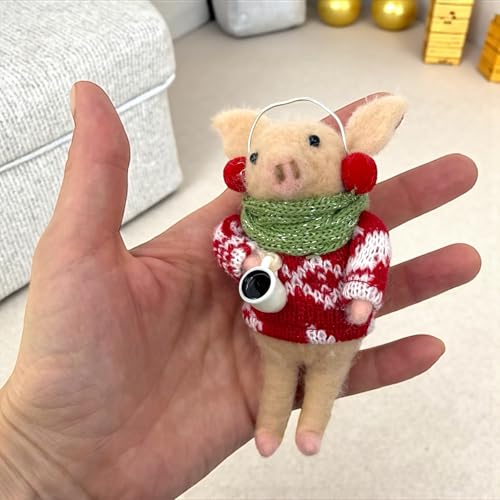 Pig Christmas Ornament – Felted Wool Coffee Sweater Figurine, 5-inch
