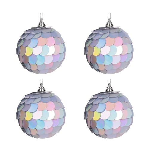 XMIAOX Lunara Silver 3.15 Inch Iridescent Paillettes Christmas Ornament - 4 Pack