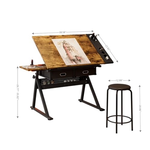 Adjustable Drafting Table with Stool, Tilting Art Desk with 2 Storage Drawers