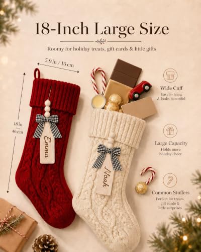 Personalized Knit Christmas Stockings with Wood Name Tags - 18 Inch Set of 4