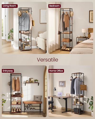 Industrial Freestanding Hall Tree with Storage Shelves and Hanging Rail
