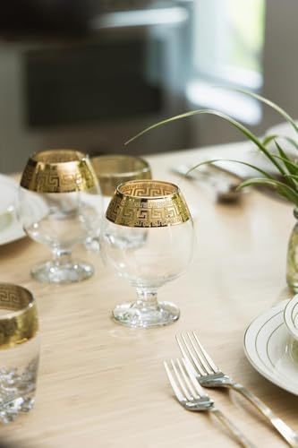 Gold Rimmed Brandy Snifter Glass Set 6-Piece Greek Key Pattern Drinkware