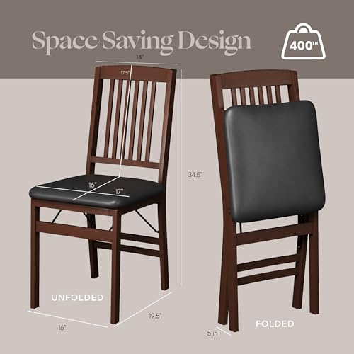 Folding Wood Dining Chairs with PU Leather Cushion, 2 Pack