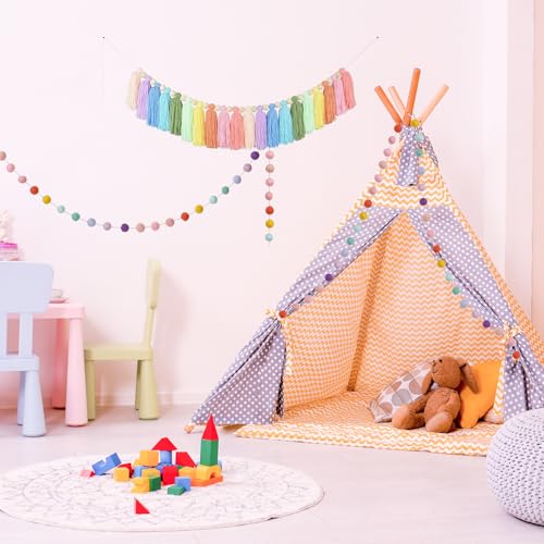Boho Felt Pom Pom Tassel Garland - Colorful 6.5ft Wall Hanging Decor