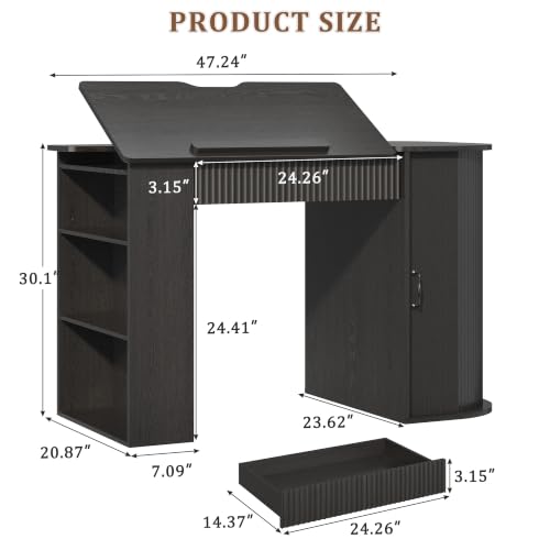 Adjustable Drafting Table with Storage Cabinet, Drawers & Charging Station