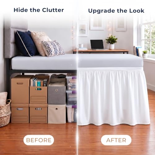 Twin XL Ruffled Dorm Bed Skirt with 30 Inch Drop - White Microfiber Dust Ruffle
