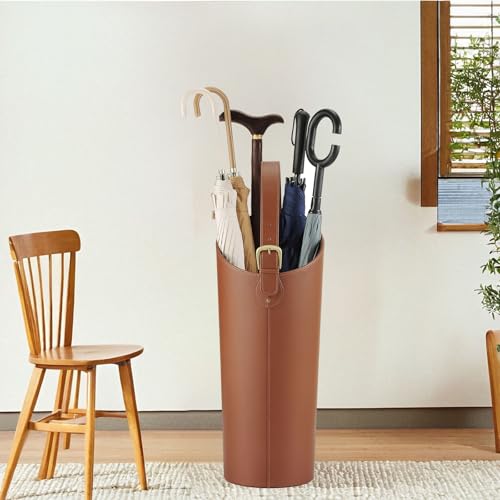 Tall Leather Umbrella Stand for Entryway with Drip Tray and 2 Hooks