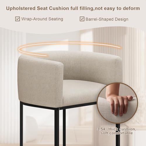26-Inch Modern Barrel Counter Stools Set of 2, Linen Fabric Upholstered