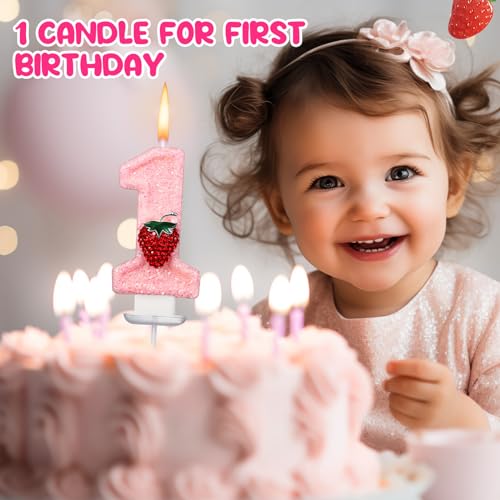 Pink Strawberry Number 1 Birthday Candle - 1st Birthday Cake Topper