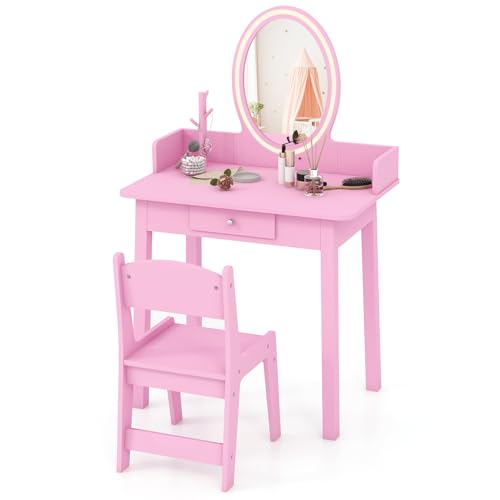 Kids Vanity Set with Lighted Mirror and Chair, 2-in-1 Toddler Makeup Table