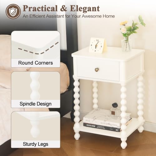 Small White Nightstand with Drawer & Spindle Wood Legs - Farmhouse End Table