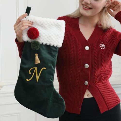 Personalized Velvet Christmas Stocking with Embroidered Letter B - 19.5 Inch Green