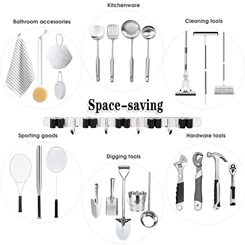 Stainless Steel Broom Holder Wall Mount with 5 Racks and 4 Hooks