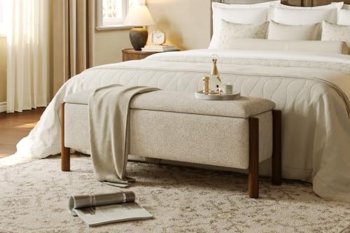 47-Inch Upholstered Storage Bench with Walnut Legs, Beige Ottoman Bench
