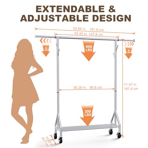 Heavy Duty Rolling Clothes Rack, Adjustable Garment Organizer with Wheels