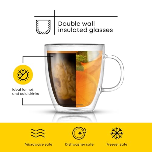 JoyJolt Savor Double Wall Insulated Glass Coffee Cups - Set of 2, 13.5oz, Clear - Coffee Mug Variation