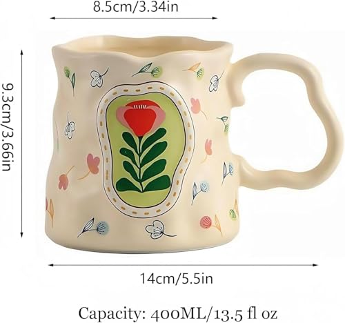 VABILNIY Hand Painted Floral Ceramic Mug 13.5 oz Creamy Yellow with Unique Curved Handle