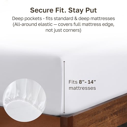 100% Cotton Sateen Queen Fitted Sheet - 14" Deep Pocket, Bright White