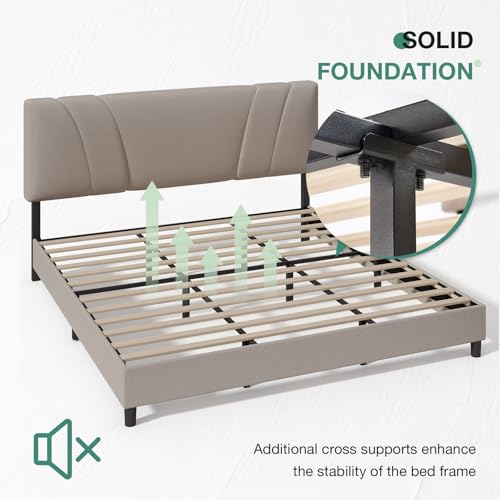 King Size Upholstered Platform Bed Frame with Adjustable Headboard, Beige