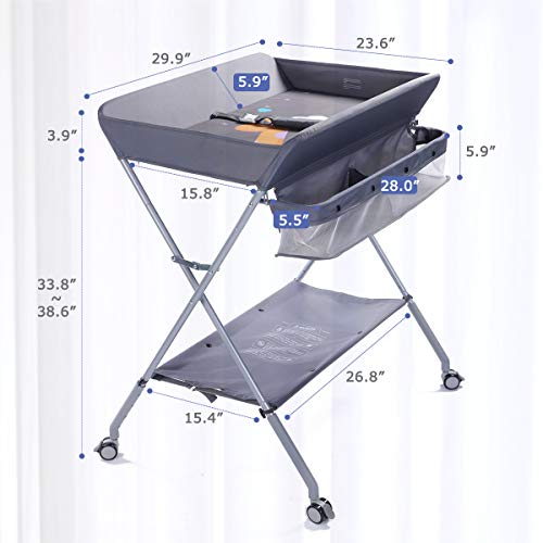 Portable Baby Changing Table with Storage, Adjustable Height Nursery Station