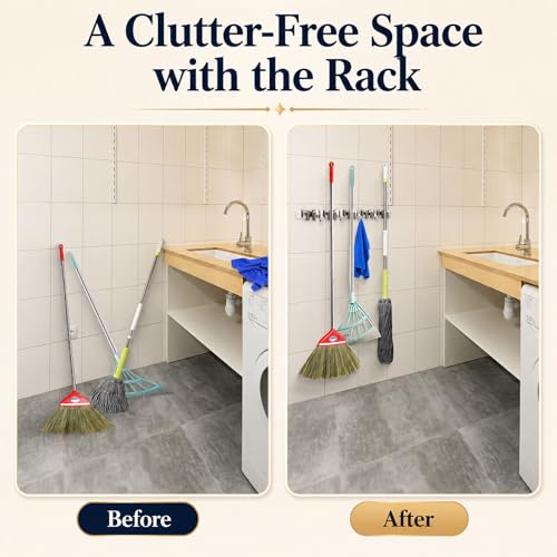 Stainless Steel Mop and Broom Holder Wall Mount with 5 Racks and 4 Hooks