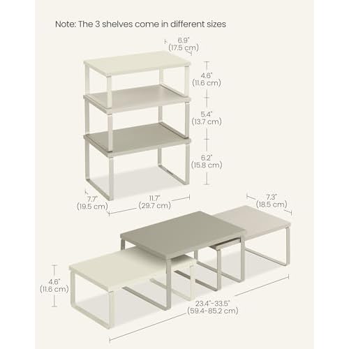 SONGMICS Cabinet Organizer Shelf, Set of 3 Kitchen Counter Shelves, Kitchen Storage, Spice Rack, Stackable, Expandable, Sand Beige UKCS220K01