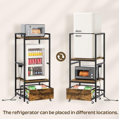 Mini Fridge and Microwave Stand with Power Outlet and Storage Drawer